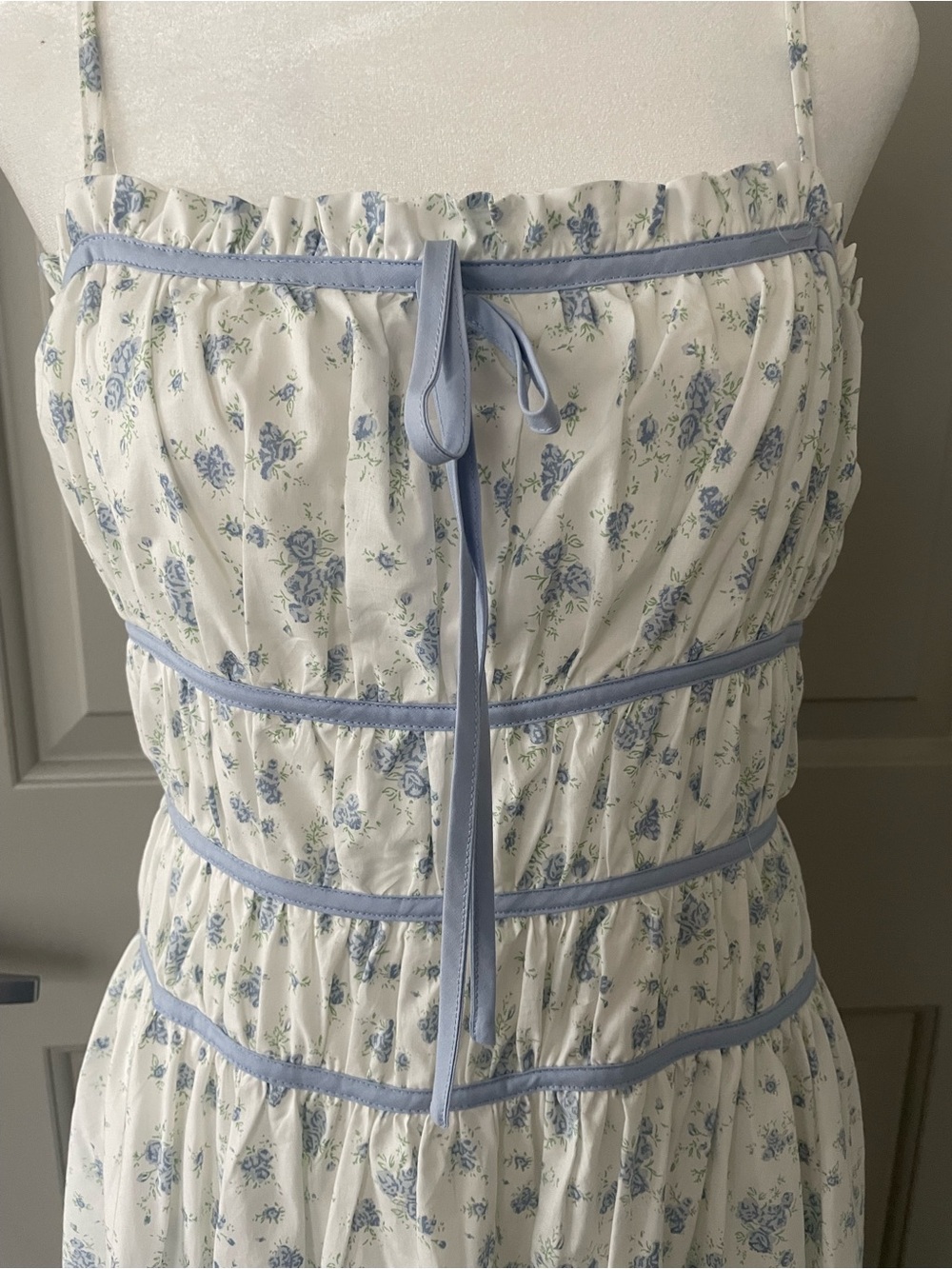 Light Blue Floral Midi Dress with Spaghetti Straps - Picture 2 of 2